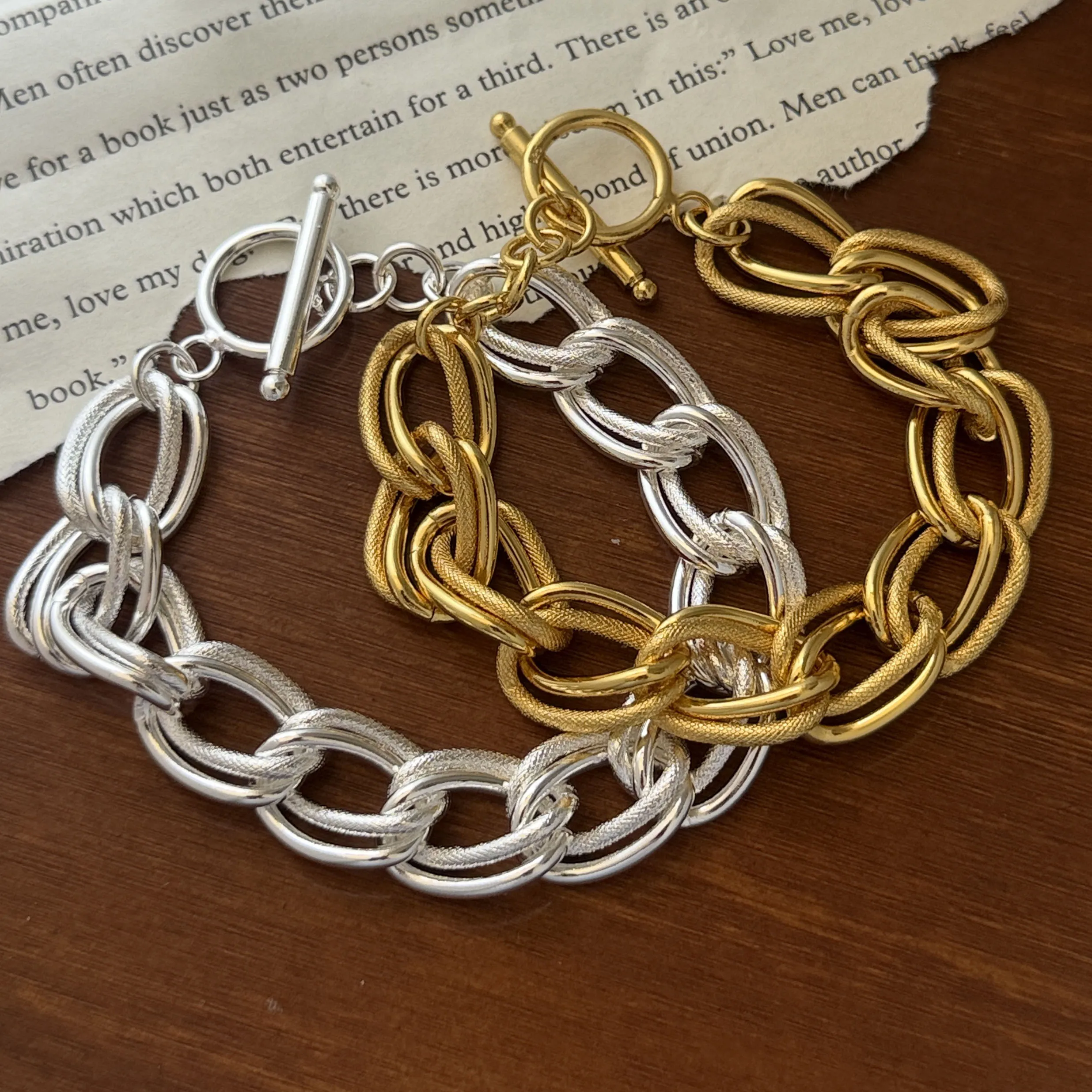 100% Solid 925 Sterling Silver Bracelet for Women Vintage Handmade Simple Gold Heavy Interlines Bracelet Birthday Gift Party