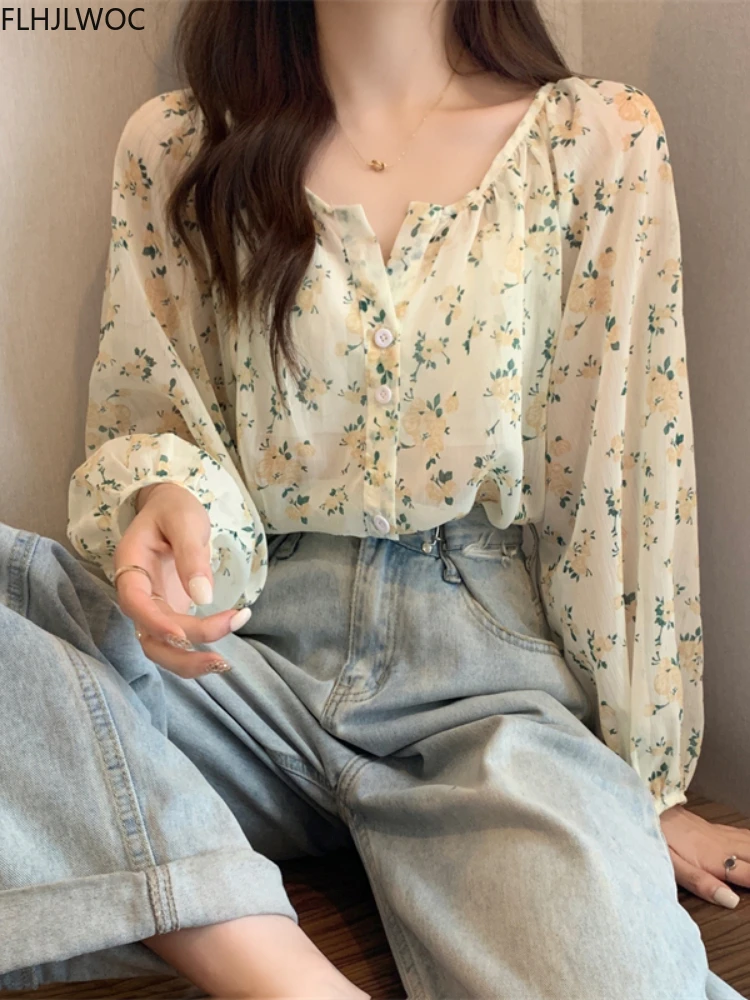 Chic Korea Japan Fenimine Clothes Women 2022 New Design Retro Vintage See through Transparent Cute Floral Print Tops And Blouses