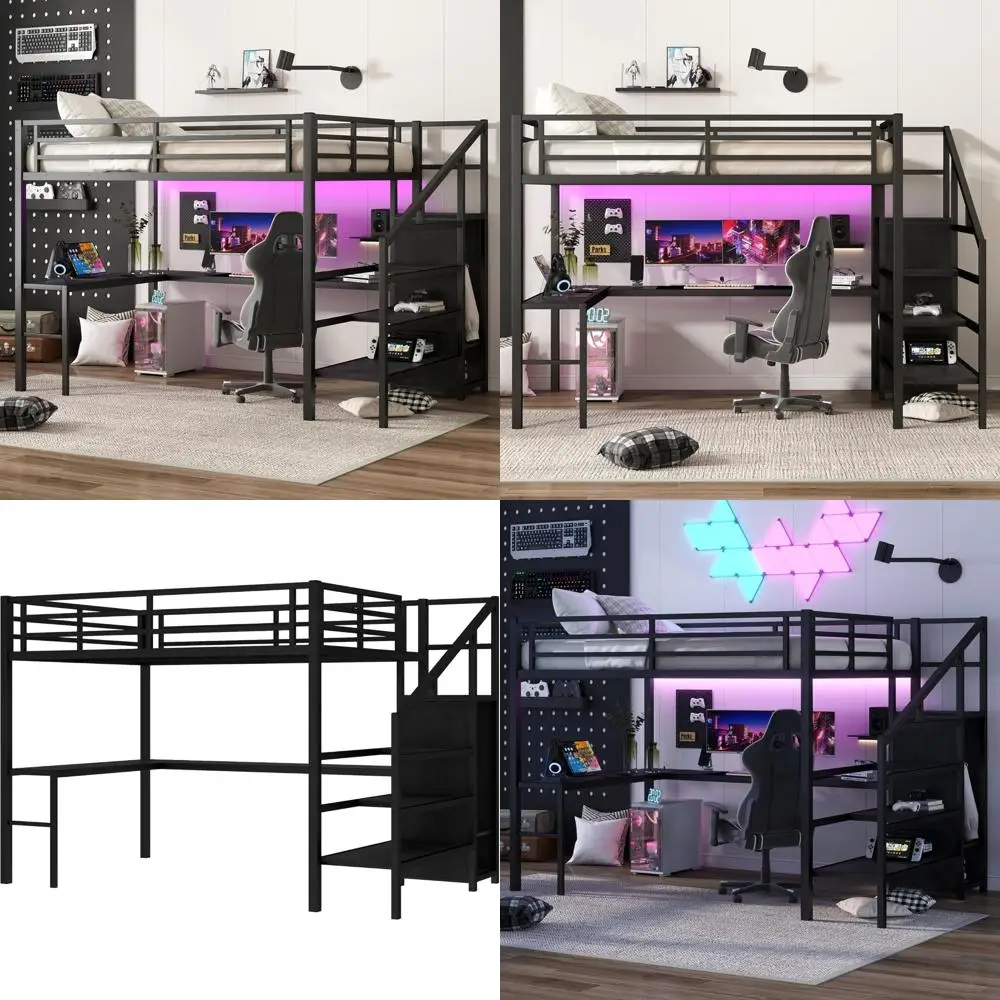Letto a soppalco matrimoniale in metallo con scrivania e armadio a forma di L, luci a LED, porte USB, struttura letto salvaspazio per camere da letto moderne