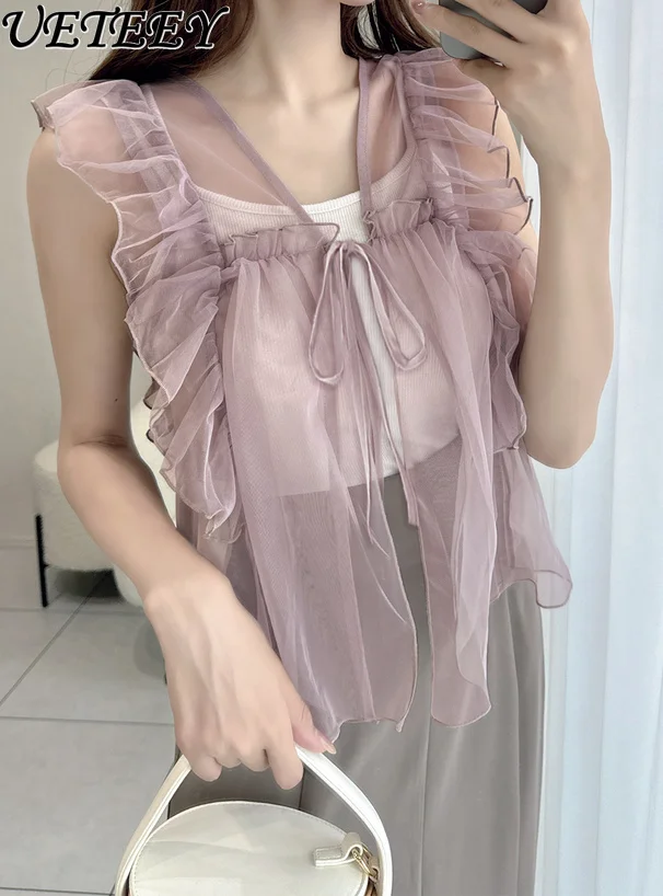 

Japanese Summer New Tulle Sleeveless Tops Solid Color Fashionable Blouse Sweet Girls Versatile Ruffle Short Shirt for Women