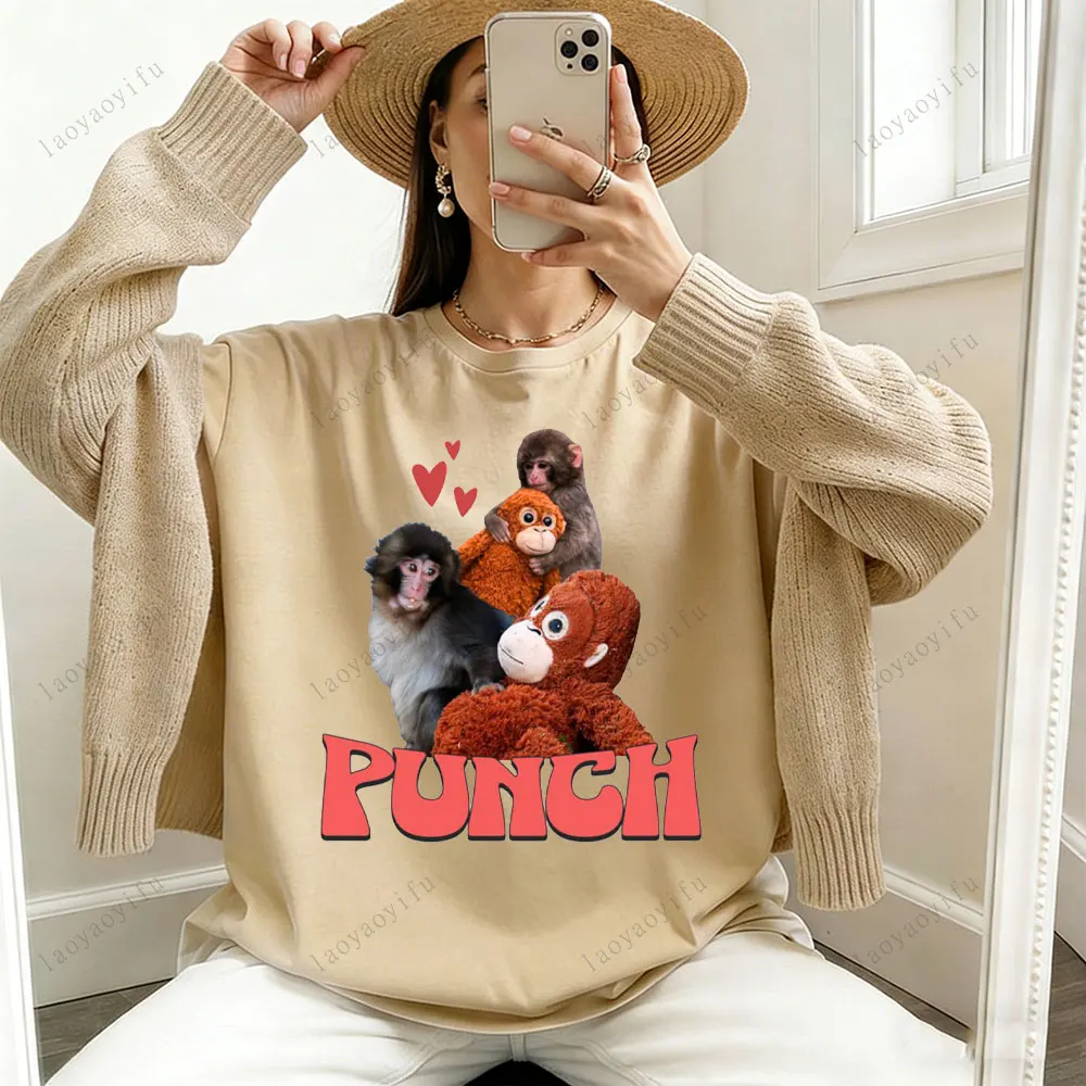 Punch Monkey T Shirt Cute Monkey Tops Aesthetic Clothes Vintage Clothes Women Loose O Neck Graphic Print Casual Clothes