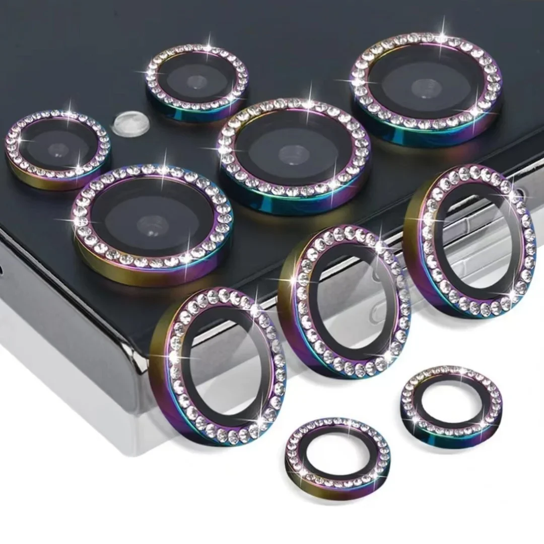 Bling 3D Diamond Alloy + HD Glass Camera Rings Protector For Samsung Galaxy S24 Ultra S23Ultra Glitter Metal Lens Cap Film Cover