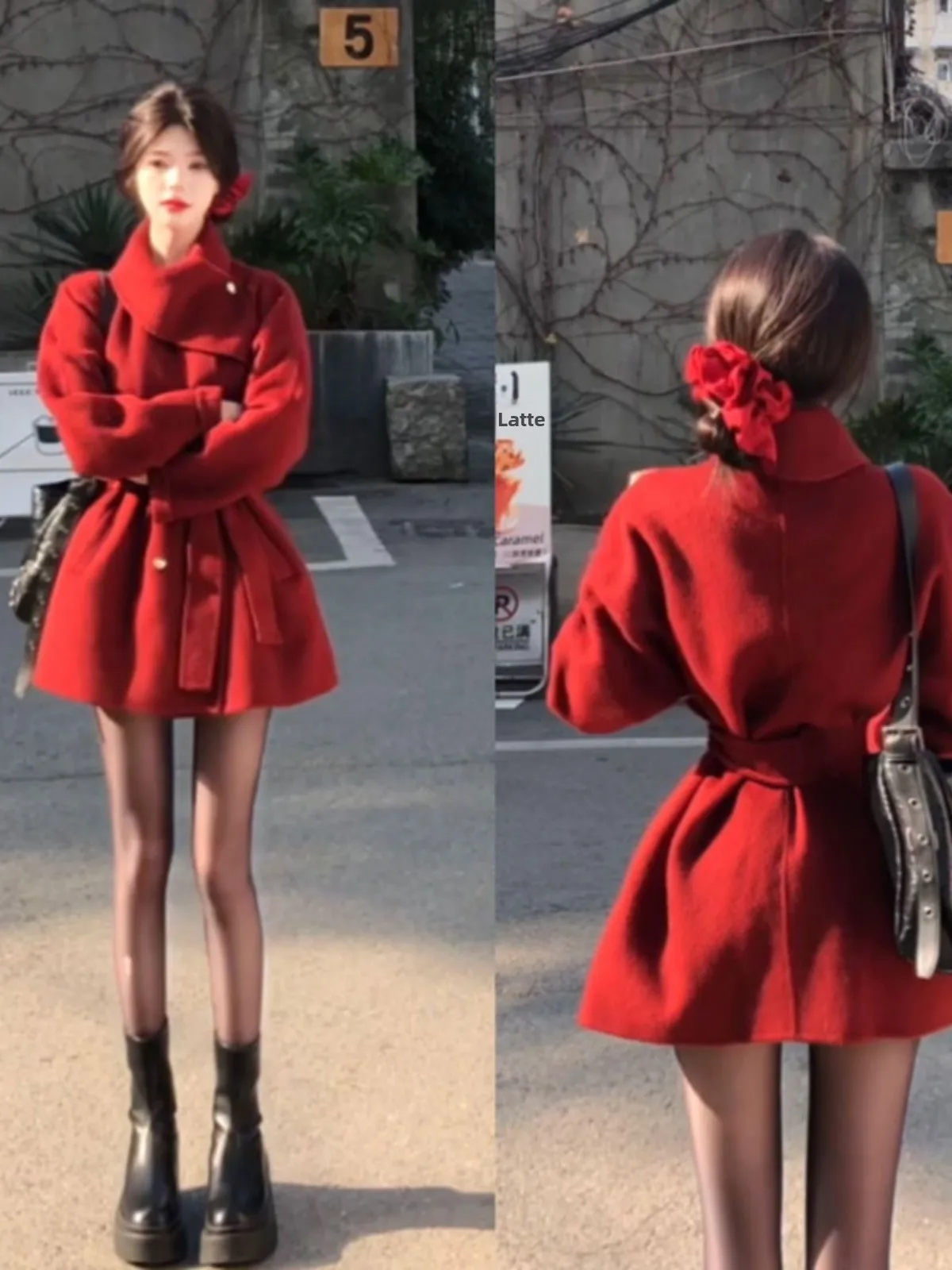 Korean Style Double-Faced Woolen Coat Red Waist-Cinching Long Jacket Spring Fashionable Outerwear for Women Mid-Length