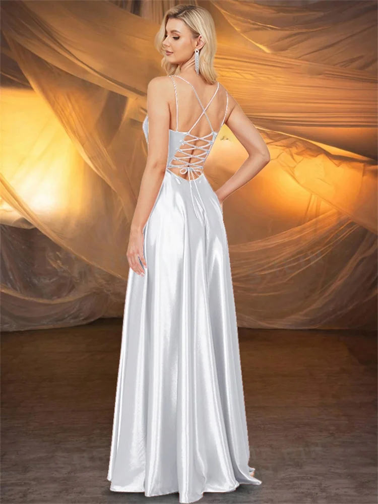 BLUEPLUM Luxury V-Neck Satin Suspenders Evening Dress Women Long Elegant White Backless Bridesmaid Party Prom Cocktail Gown