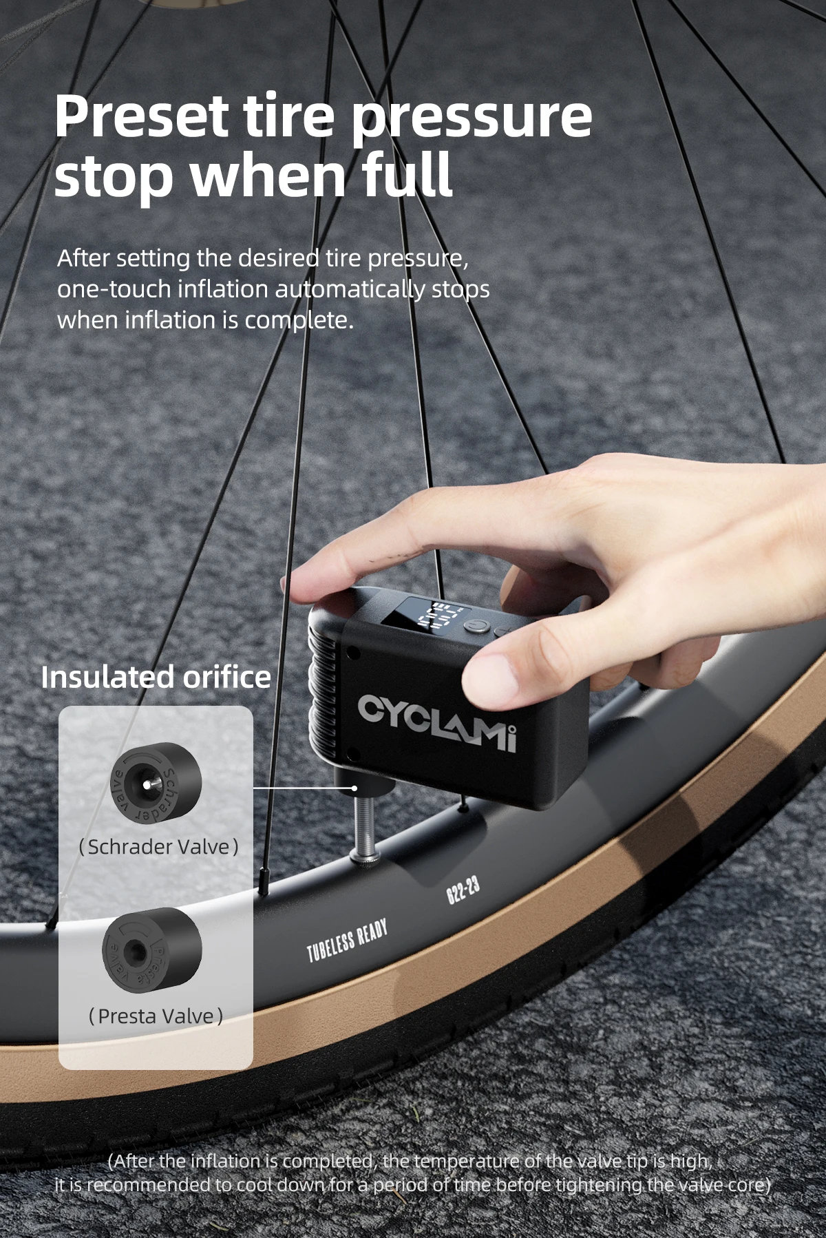 CYCLAMI A2 Mini Elektrische Luftpumpe Tragbare Fahrrad Cordless Air Inflator Presta Schrader Ventil Outdoor Road MTB Fahrrad Zubehör – Detail 3