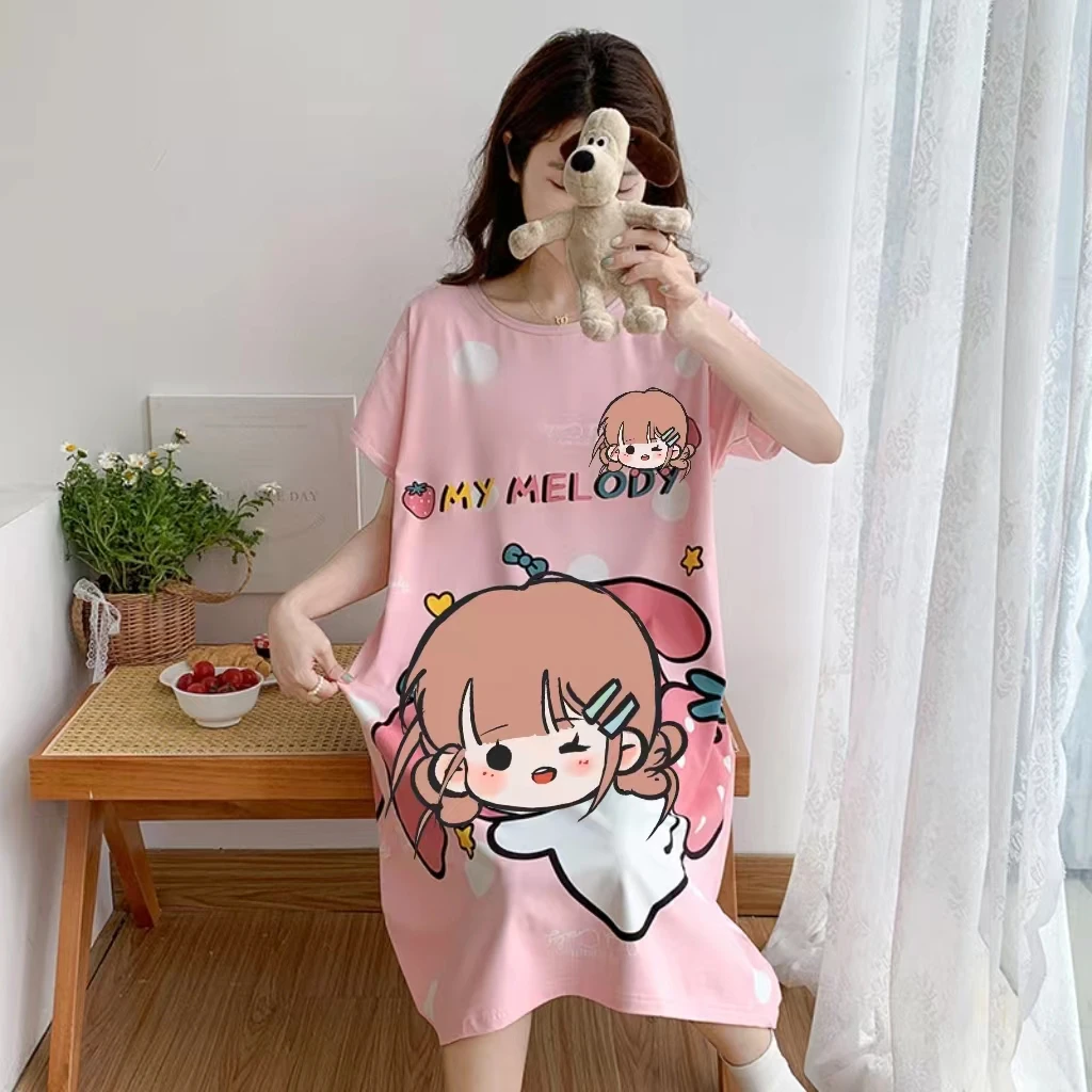 Summer Pajamas Nightgowns Women Short-Sleeved Cartoon Students Girls Cute Loose Nightgown Lazy Big Size Pajamas Homewear