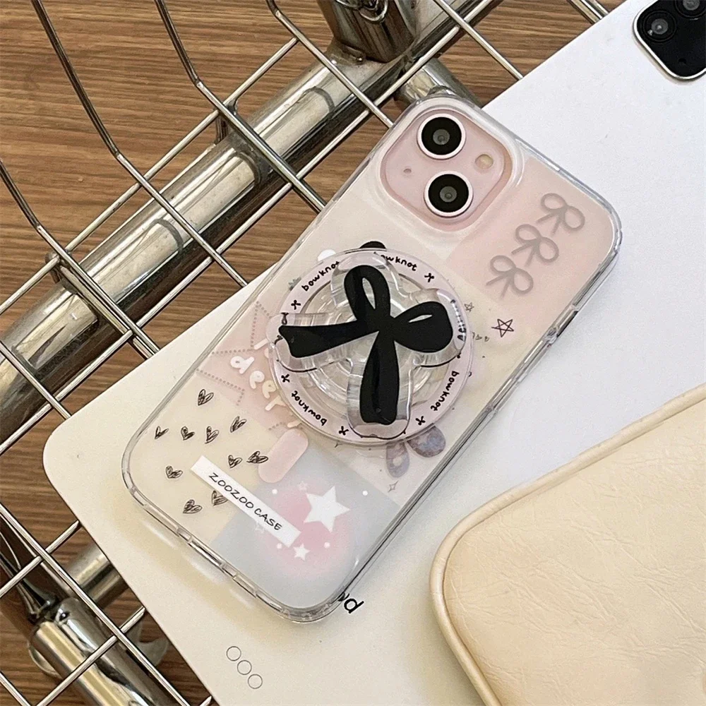 Support coréen mignon Kawaii avec nœud papillon pour téléphone magnétique Magsafe Griptok Grip Tok, étui de chargement sans fil pour IPhone 16 Pro Max