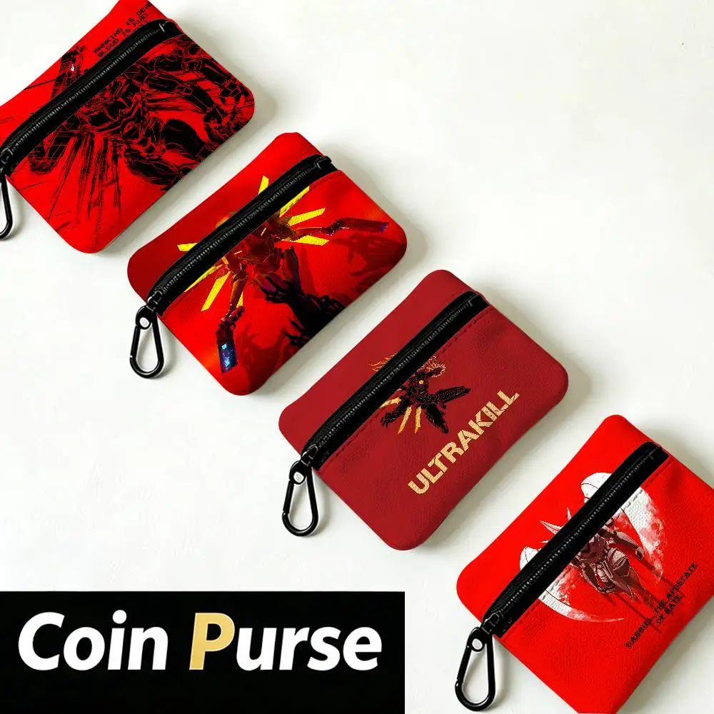Retro Game U-ULTRAKILL Lightweight Oxford Fabric Coin Purse With Black Carabiner Hook Card Holder Earphone Storage Pouch