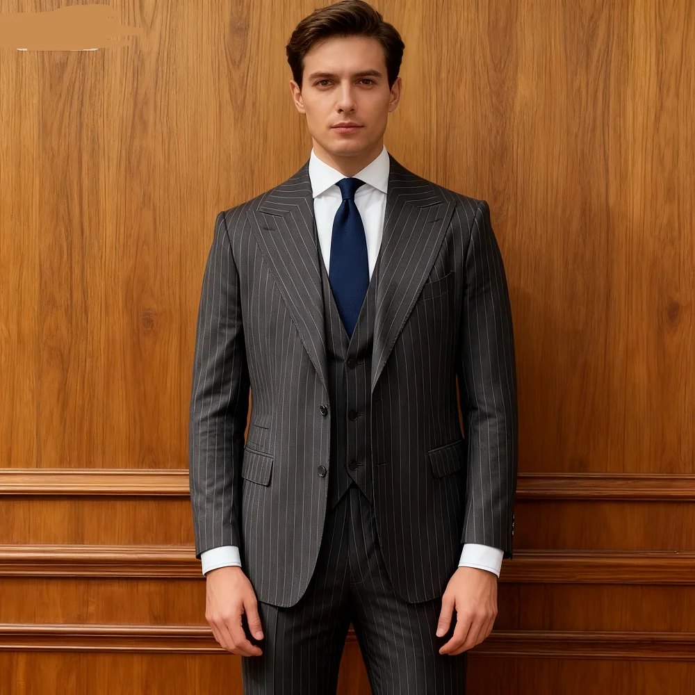 

High-Quality Three-Piece Striped Terno Art Wedding Jacket Single Breasted Pants Vest Men's Terno Suit