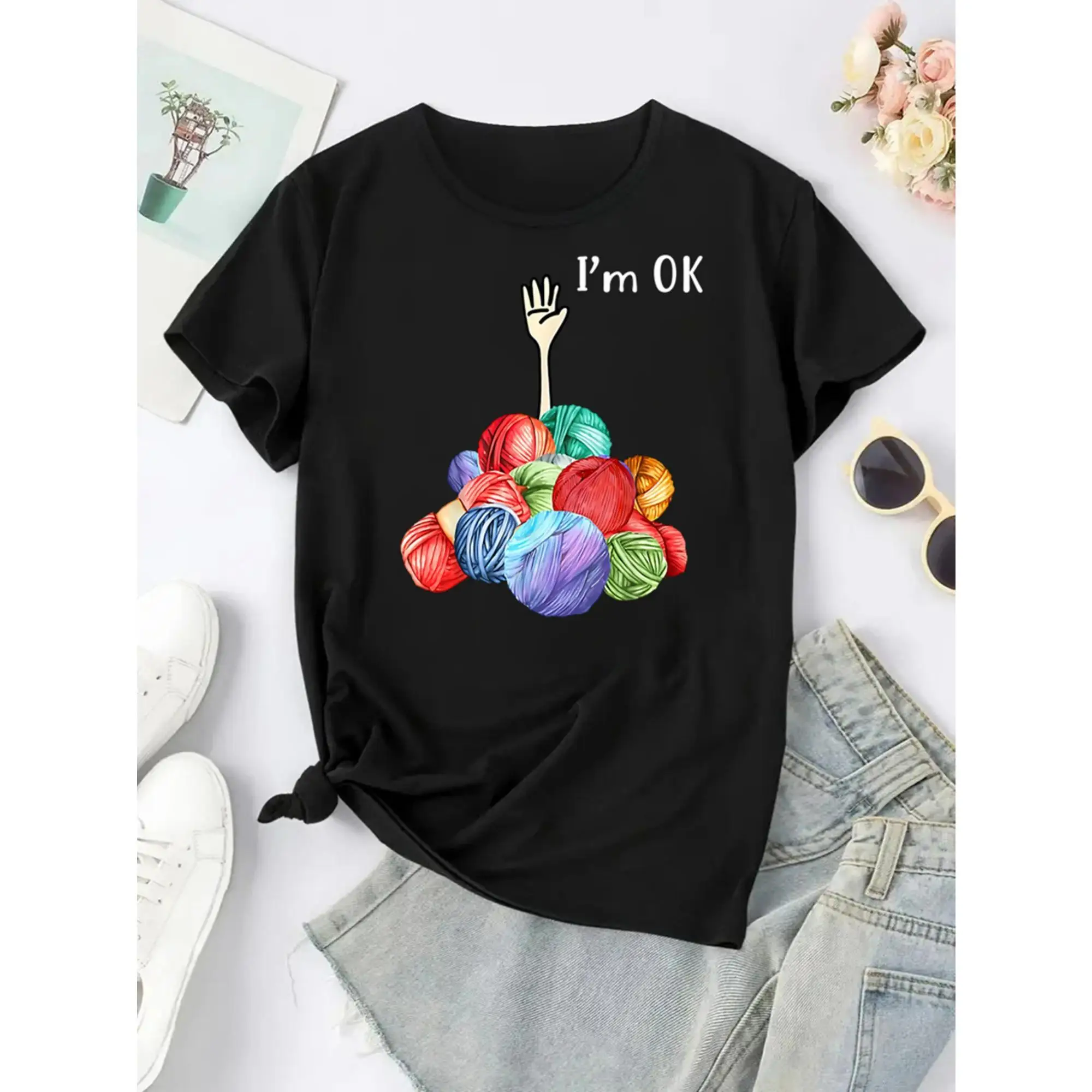 

Funny I'm OK Knitter T-shirt for Women Casual Crochet Slogan Graphic Tee Aesthetic Yarn Ball Print Top Gift for Knitting Lovers