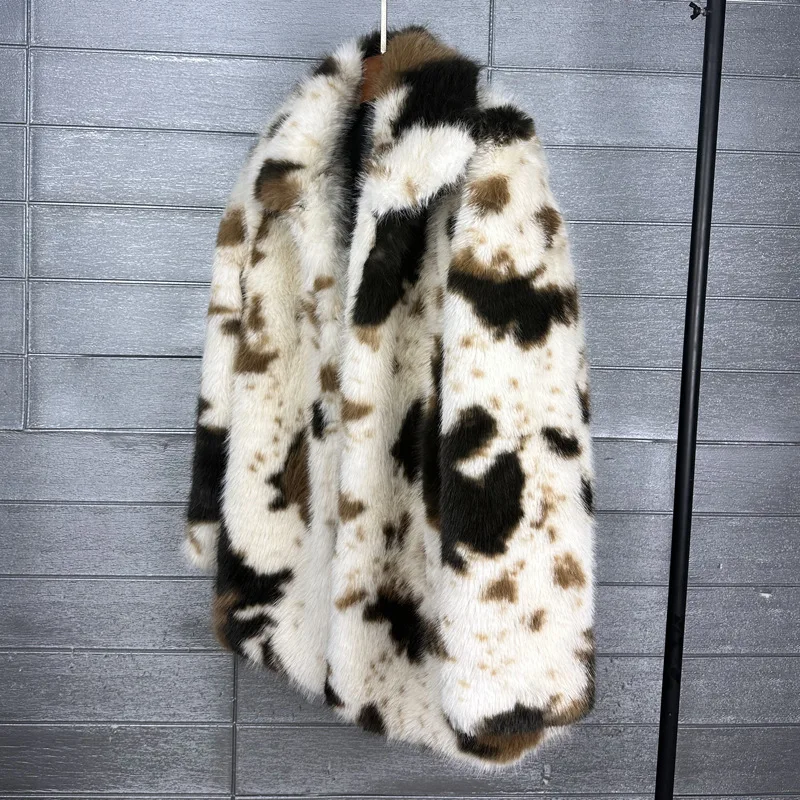 2026 Chic Mid Long Cow Pattern Fluffy Faux Fur Coat Woman Lapel Loose Winter Fur Coats Woman Furry Jacket Fur Faux Coat