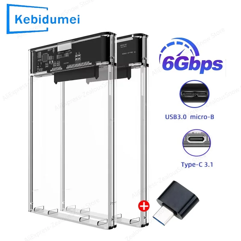 KEBIDUMEI 2.5 Inch HDD SSD Case SATA to USB 3.1 Type C 4TB Transparent External Hard Drive Case Compatible UASP SATA III Laptop