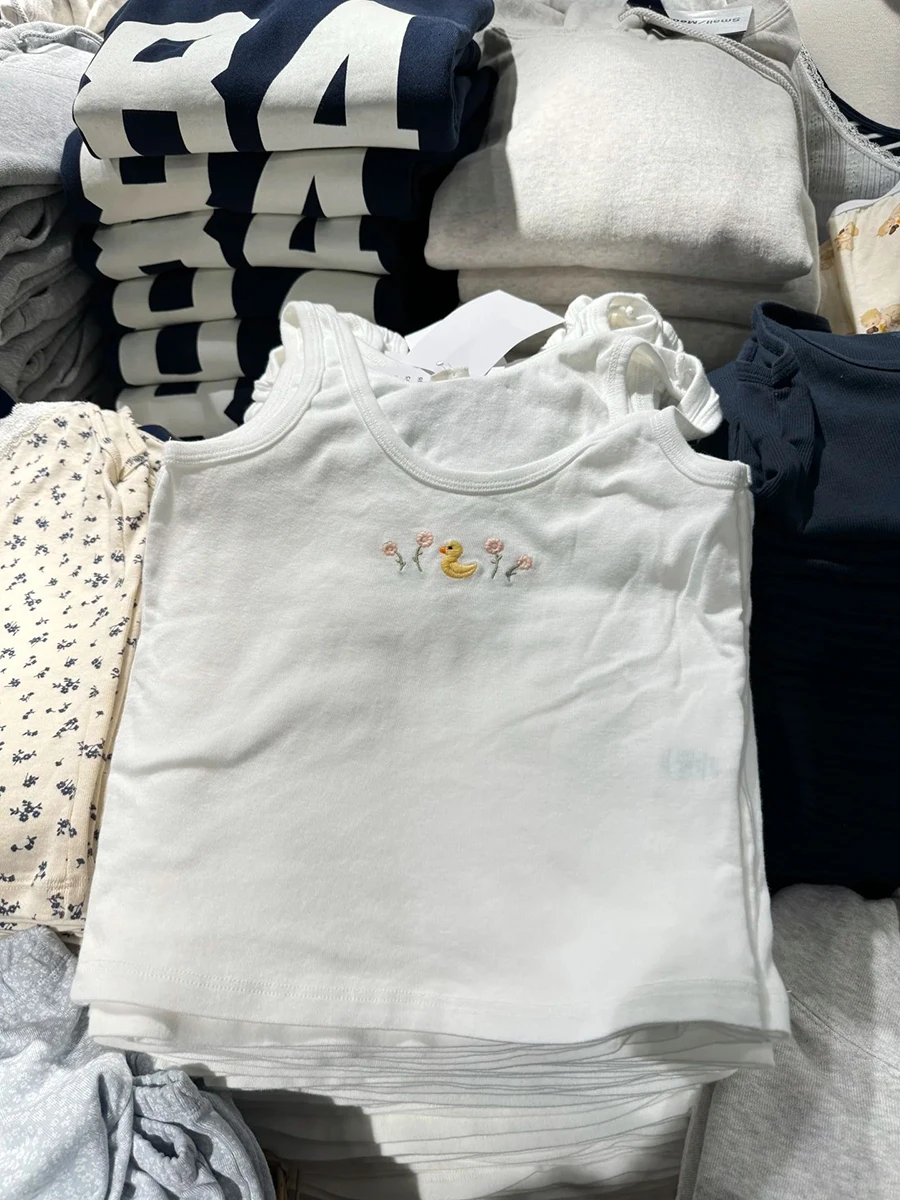 Little Duck Flower White Tank Tops Summer U Neck Cotton Sleeveless Slim Corpped Vests Women Streetwear Casual Sweet Crop Top Y2k