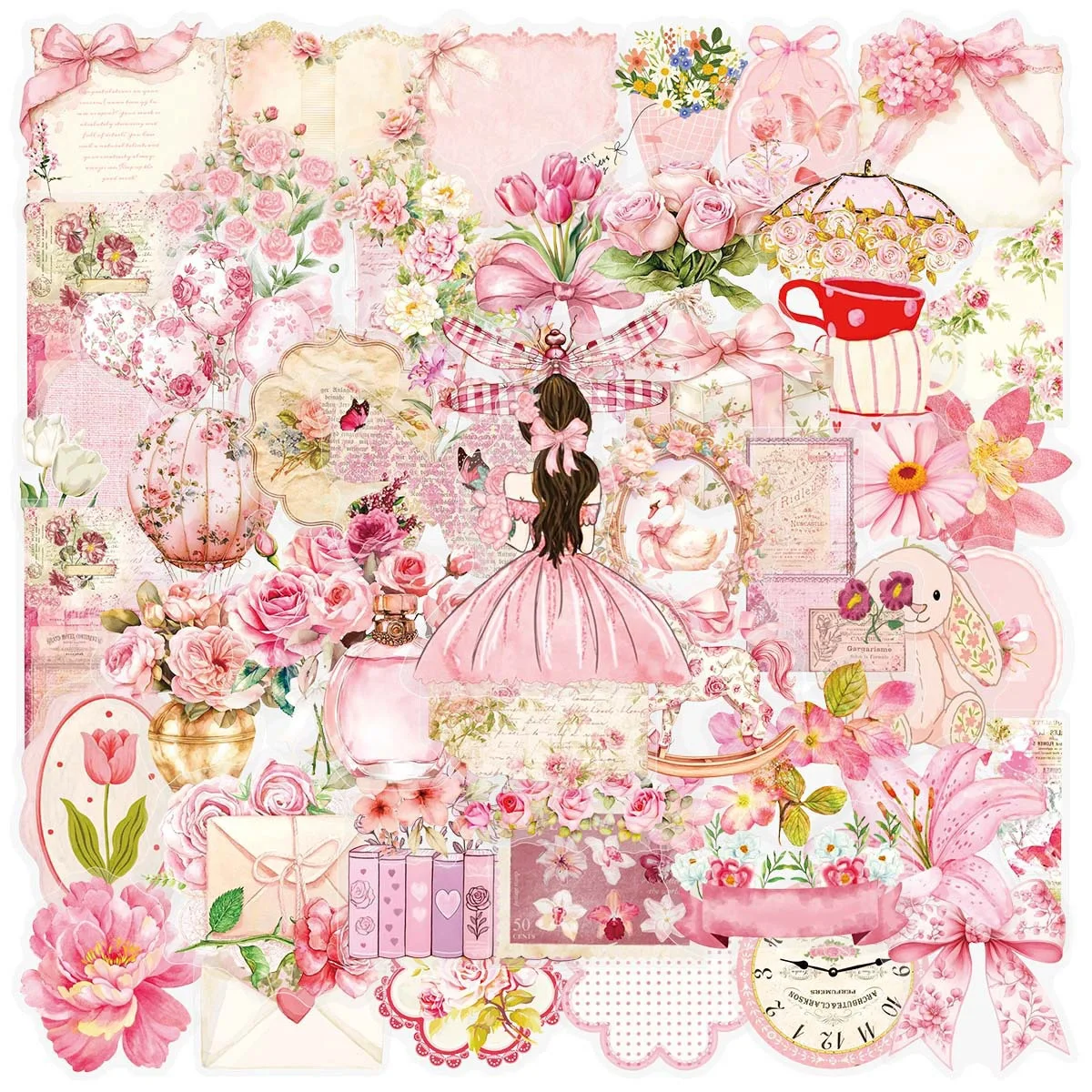 50pcs Cute Vintage Pink Flower PET Stickers Aesthetic DIY Sc