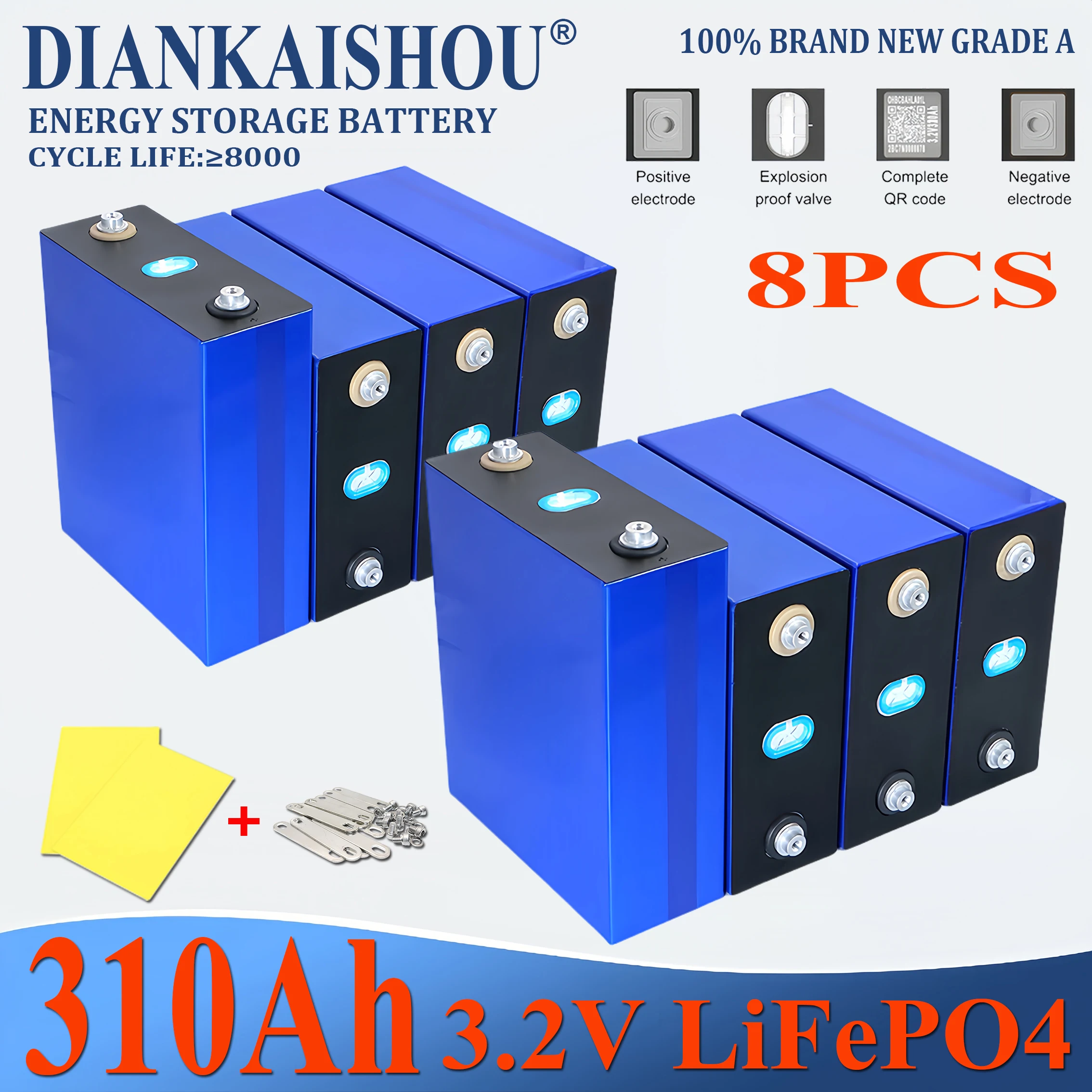 

8PCS Grade A 3.2V 310Ah Lifepo4 Rechargeable Battery Lithium Iron Phosphate Travel Solar RV Campers Cell 12v 24v batteries