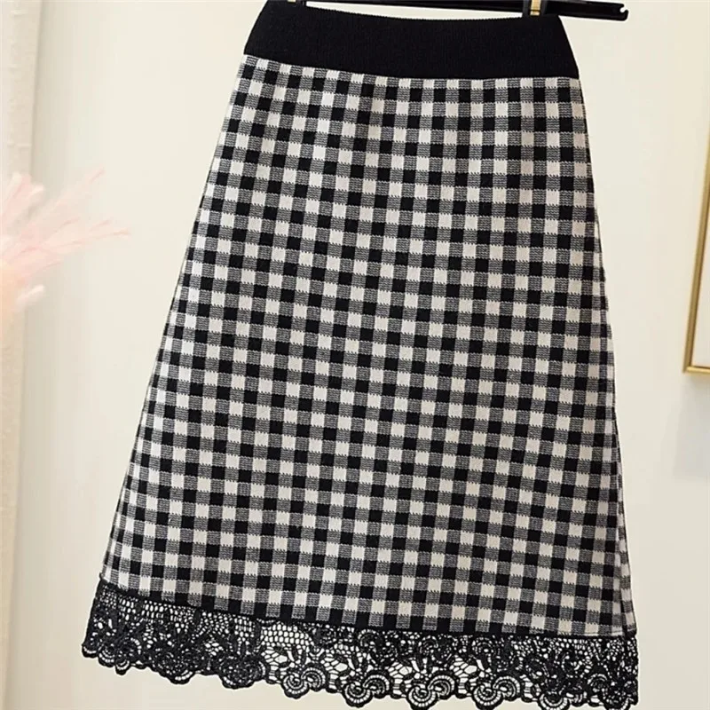 Skirts Womens 2023 Autumn/Winter New Lace Splicing Skirt High Waist Vintage Plaid Knitted A-Line Short Skirts Faldas Mujer Moda