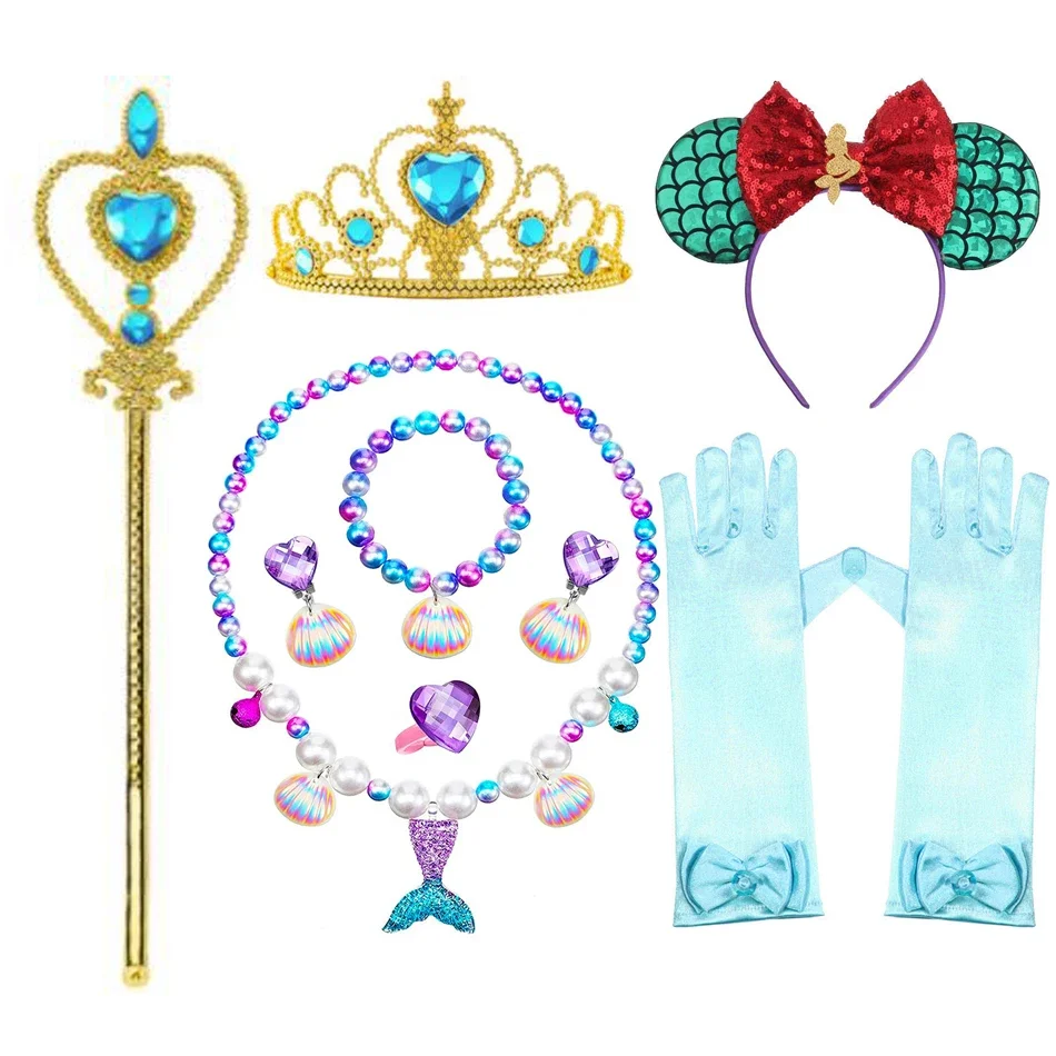 Mermaid Accessories Gloves Wand Crown Jewelry Set Wig Necklace Braid for Princess Dress Clothing Cosplay Halloween Birthday