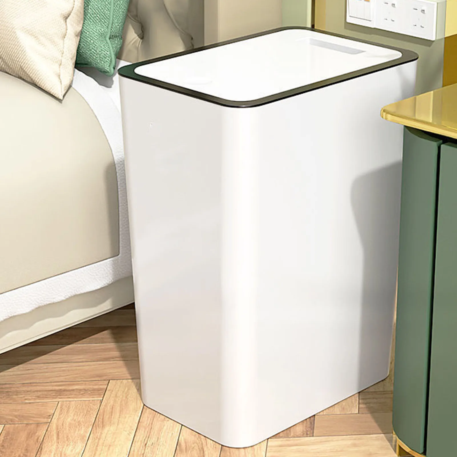 Press Type Trash Can with Cover 15L Capacity Plastic Garbage Bin for Bathroom Toilet Kitchen White Press Button Trash Can
