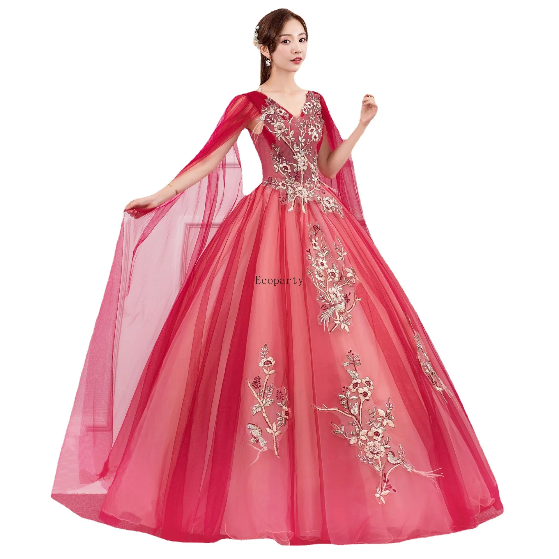 ชุดแต่งงานเย็บปักถักร้อยยาว Puffy ชุดโฮสต์ประสิทธิภาพสําเร็จการศึกษาชุดวันเกิดเจ้าสาวชุดเพื่อนเจ้าสาวชุดราตรี