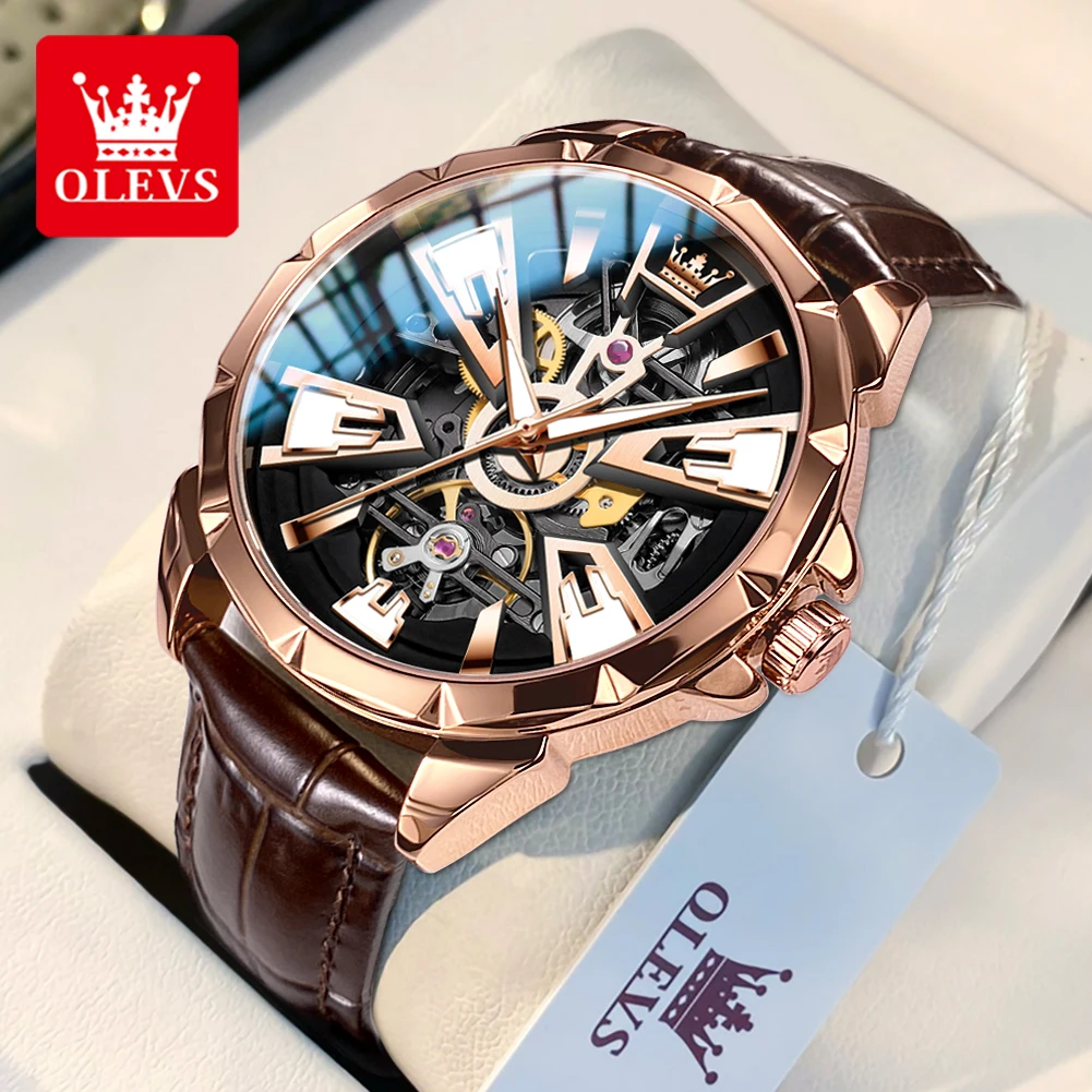 OLEVS 7051 Original Brand Business Mens Watches Luminous Skeleton Waterproof Automatic Mechanical Watch Leather Strap Wristwatch