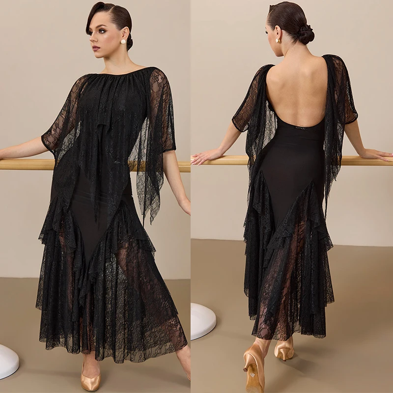 2026 Ballroom Dance Costume Irregular Black Lace Bodysuit Tops Long Skirt Waltz Tango Dance Performance Practice Wear DNV28066
