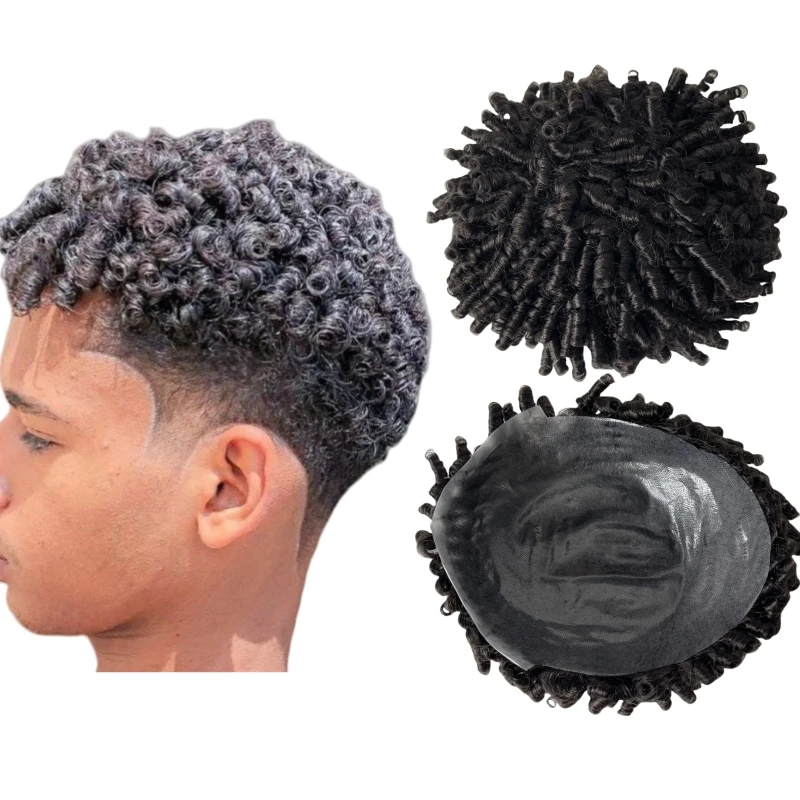 A substituição indiana do cabelo humano do Virgin 6 polegadas onda inflável da unidade masculina do cabelo 15mm # 1B cor 8x10 nós peruca PU para homens negros