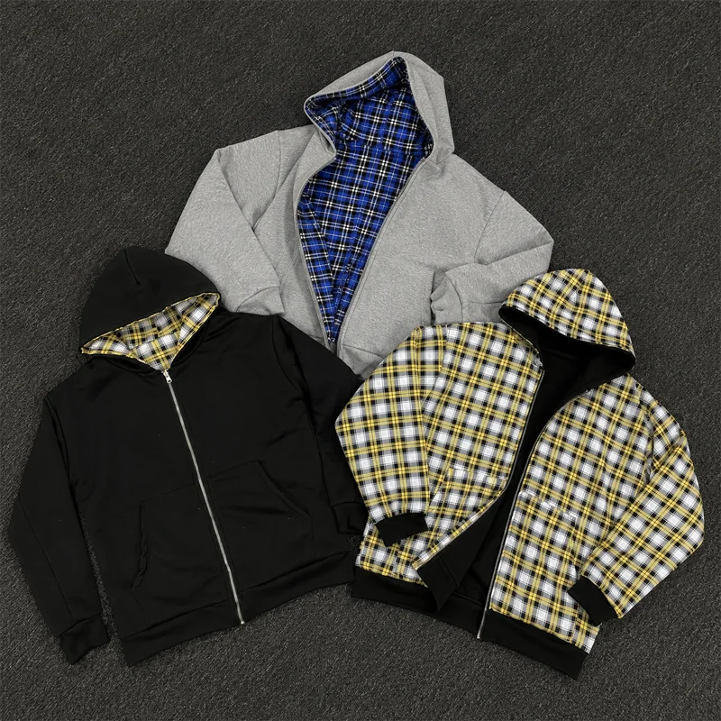 Reversible Zip Up Hoodie Plaid and Solid Color Long Sleeve Hooded Sweatshirt Casual Streetwear Jacket with Pockets