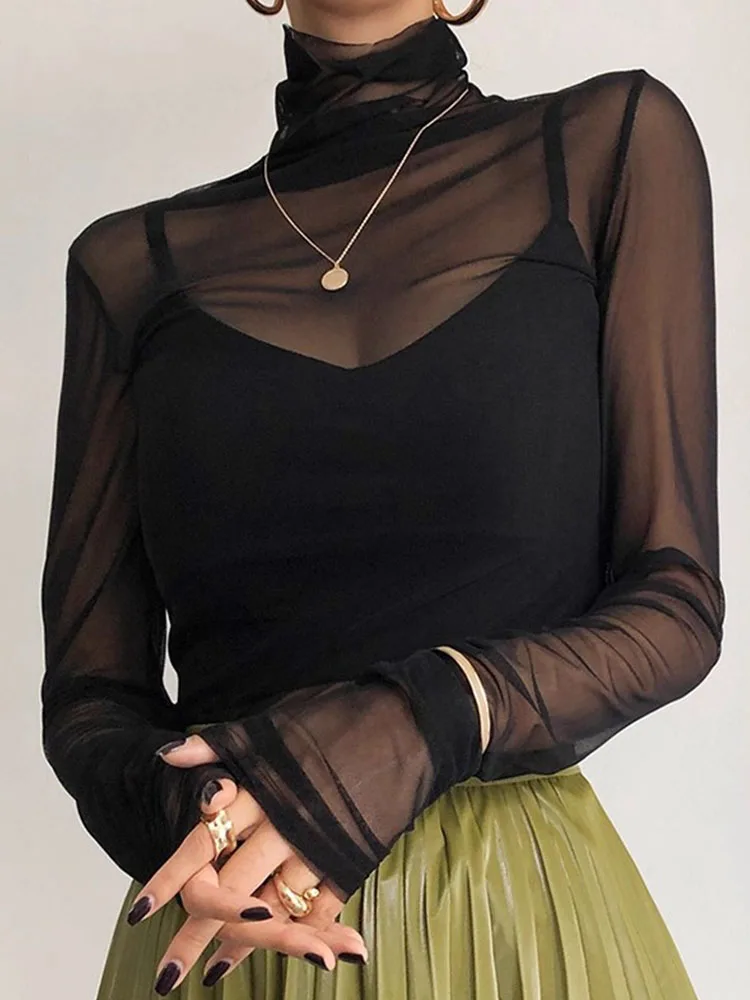 Lace under Shirt Women's Long Sleeve High Collar Thin Mesh Top Sweet Style Slim Fit Daily Wear Transparent Net Shirt