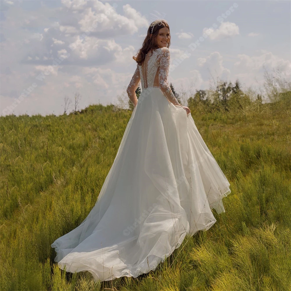 Vestidos De novia con cuello en V para mujer, Vestidos De encaje, manga larga, bohemios, hechos a medida, largos, elegantes, 2024