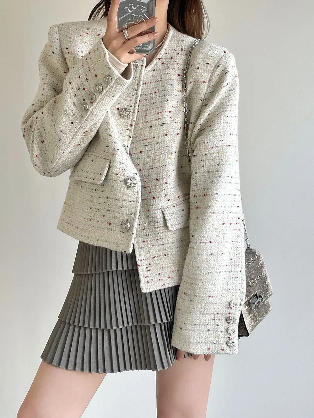 Fashion Women Tweed Jacket Round Neck French Style Single Breasted Short Outerwear Autumn Winter Ladies Elegant Jacket
