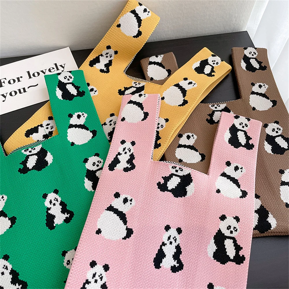 

Двусторонняя модная жилетка, вязаная сумка, трехмерная модная сумка-тоут, вместительная сумка на запястье, Милая Вышивка панды