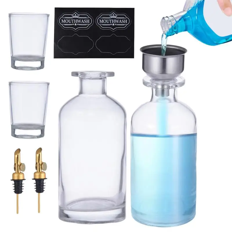 Glass Mouthwash Dispenser 12oz/350ml Transparent Mouthwash Bottle Set With Stainless Steel Spout Funnel Labels Cups Countertop