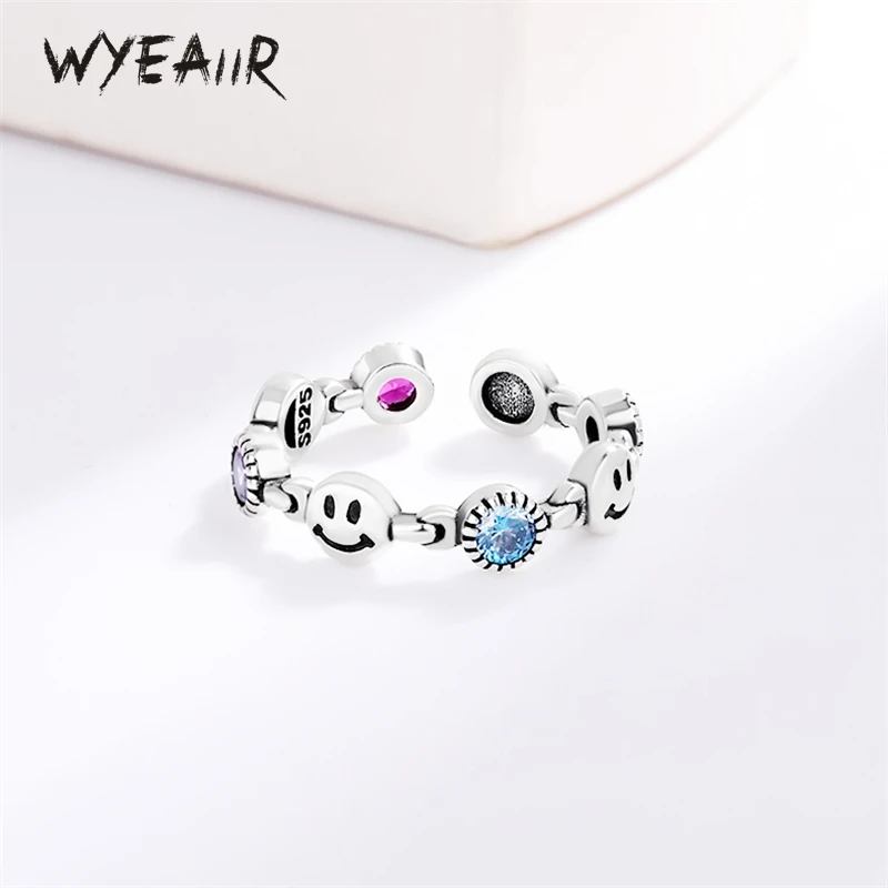 

WYEAIIR 925 Sterling Silver Vintage Thai Silver Smiling Face Personality Resizable Opening Ring For Women Jewelry