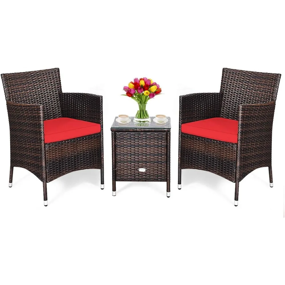 مجموعة أثاث الفناء المكونة من 3 قطع، مجموعة محادثة الروطان الخارجية مع طاولة القهوة والكراسي والوسائد السميكة، مقطعية للفناء