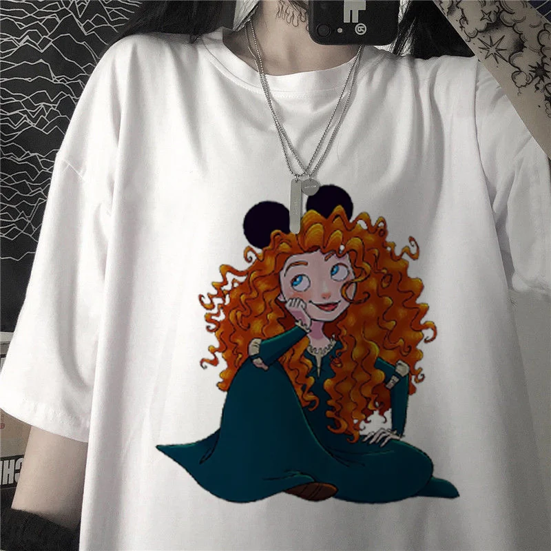 Summer White Disney Princess Merida Brave Printed T Shirt Women Casual T Shirt Short Sleeve Funny Girls T Shirts Tops