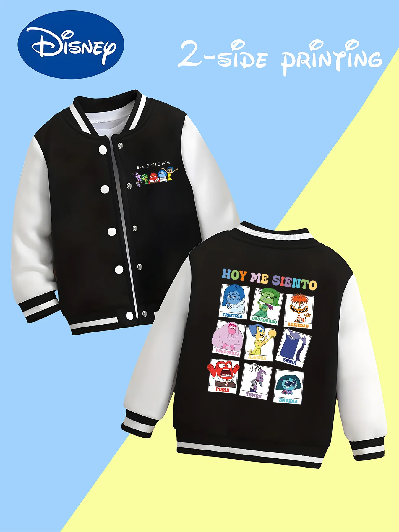 

MINISO Disney Boys' Baseball Jacket - Inside Out Mood Print (Spanish Edition) - Perfect for school and creative activities