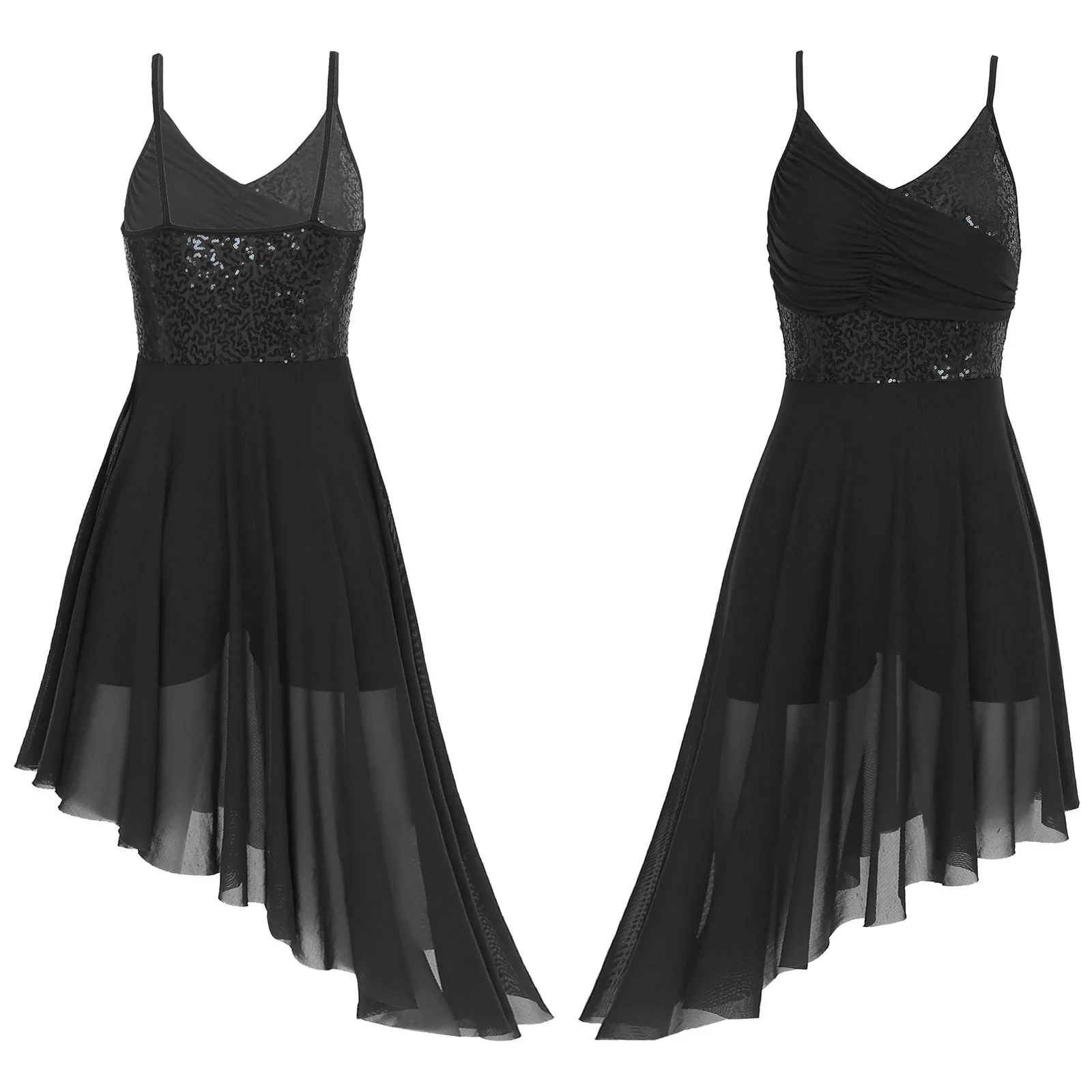 Lyrisches Tanzkleid für Damen mit Pailletten, Chiffon, durchsichtiges Netz, ärmellos, asymmetrischer Saum, Ballett-Gymnastik-Trikot, Eislaufen-Kostüm