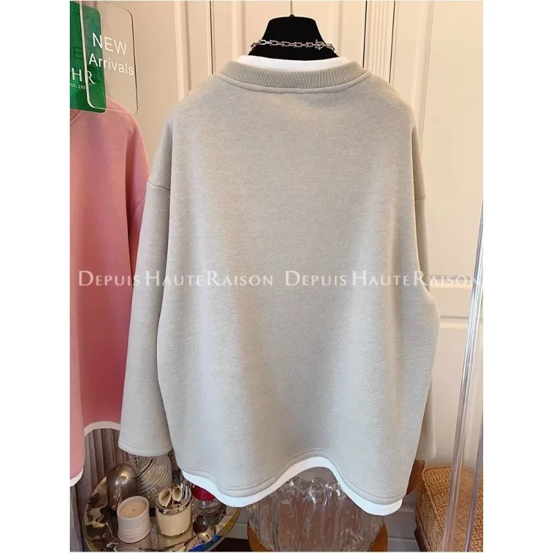 Dames gesplitst effen kleur ronde hals trui met lange mouwen nep tweedelig sportsweatshirt dieptepunt shirt losse top