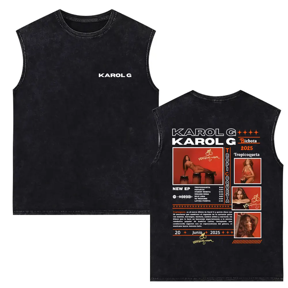 

Hot Sale Karol G Tropicoqueta Music Album Cover Vintage Washed Tank Tops Men Women Fashion Pop Music Sleeveless Vest Streetwear