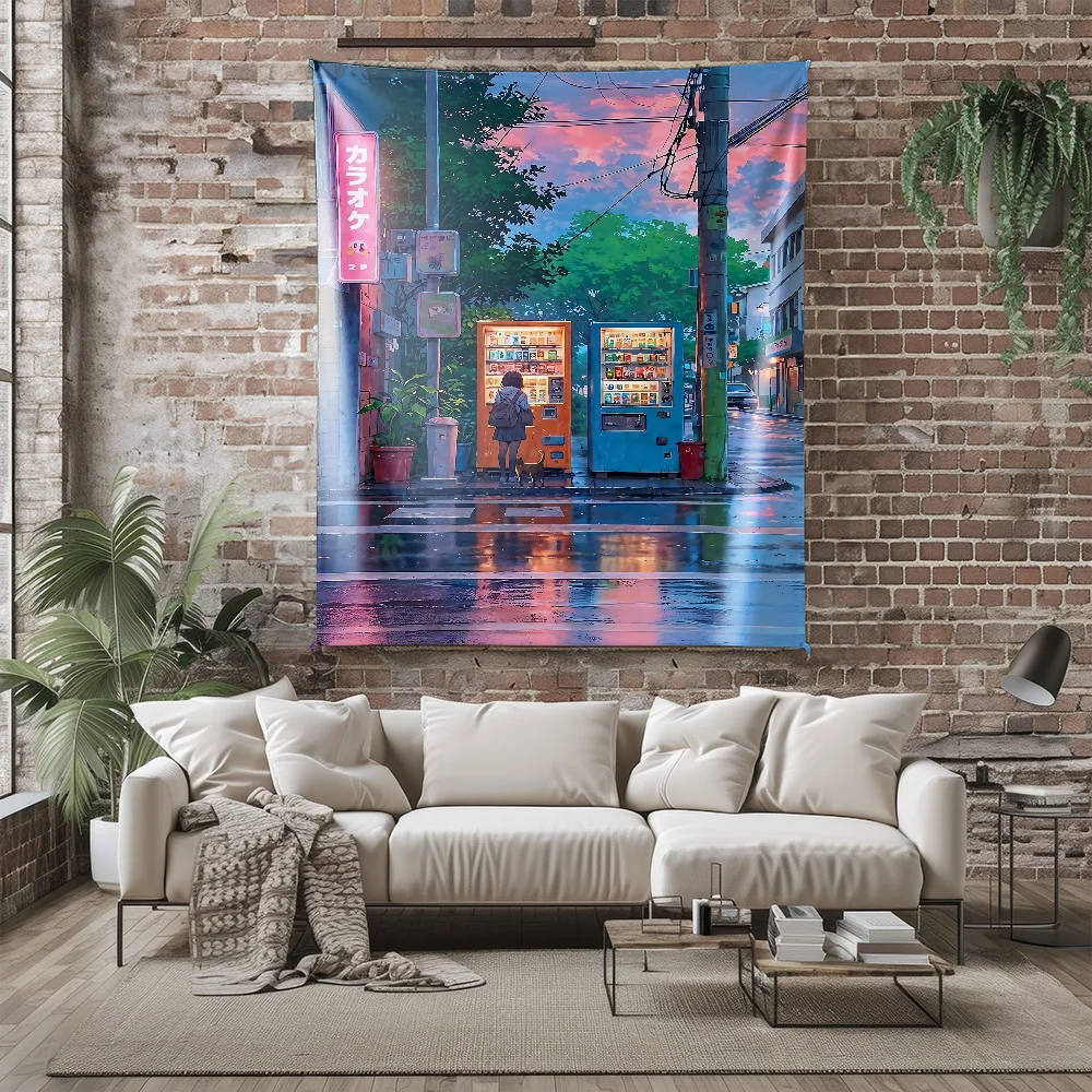 Anime Style Rainy Street with Vending Machines and Neon Signs Wall Tapestry Machine Washable All Season Decor Print Home