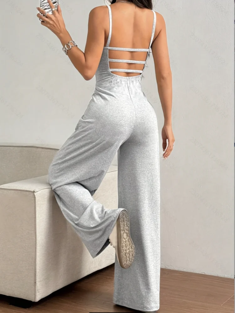 BWQ Women's Casual Halter Jumpsuit Spring Summer Daily Solid Slim-Fit Backless Sleeveless Jumpsuit Lady's Floor-Length Trousers