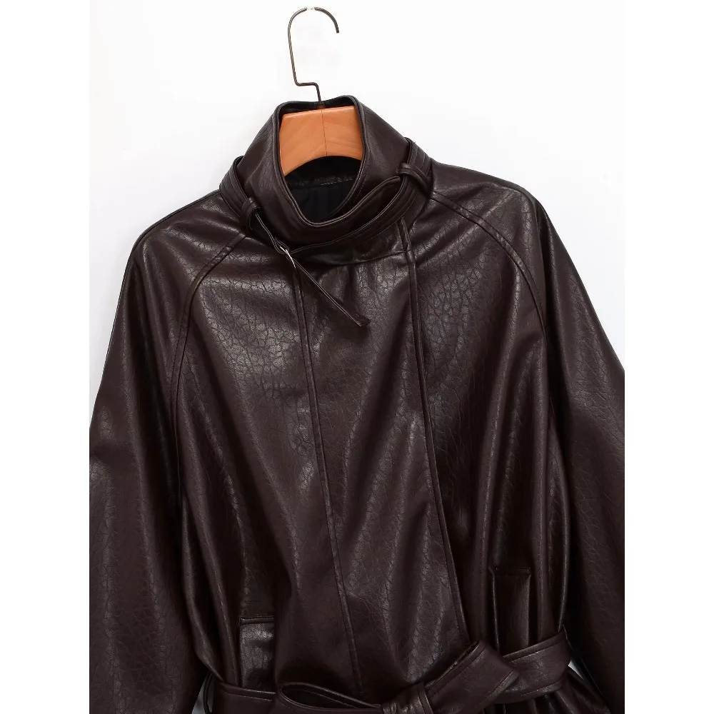 New Autumn & Winter Women's Belted Faux Leather Jacket for Streetwear Brown Faux Leather Stand-up Collar Jacket with Welt Pocket