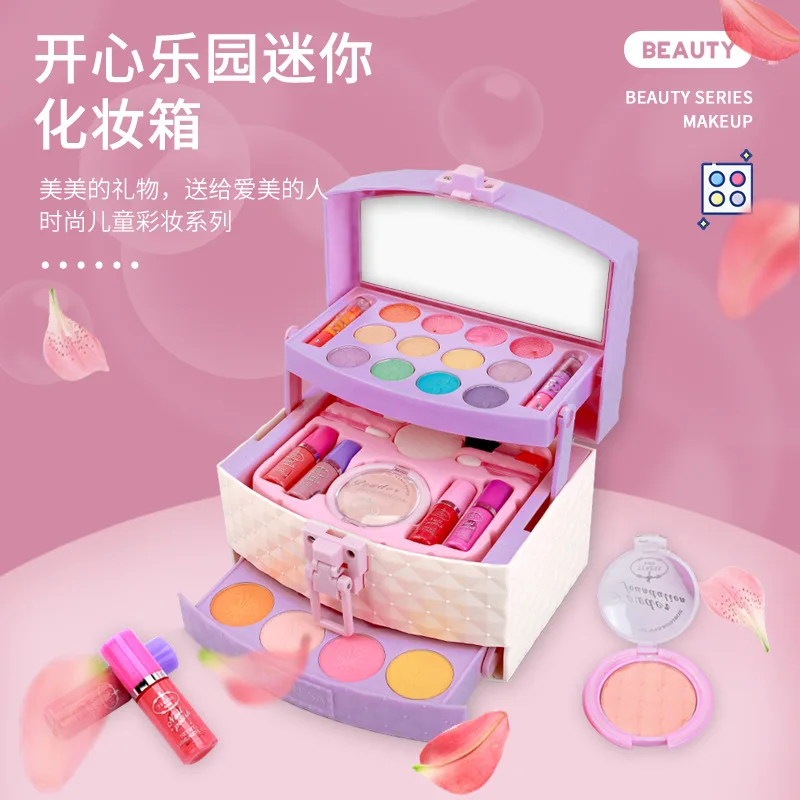 Juego de juguetes de maquillaje para niños, bolsa de maquillaje de princesa, caja de maquillaje para niñas, lápiz labial para niños, juego de sombra de ojos, caja de regalo para jugar a las casitas, juguetes y regalos