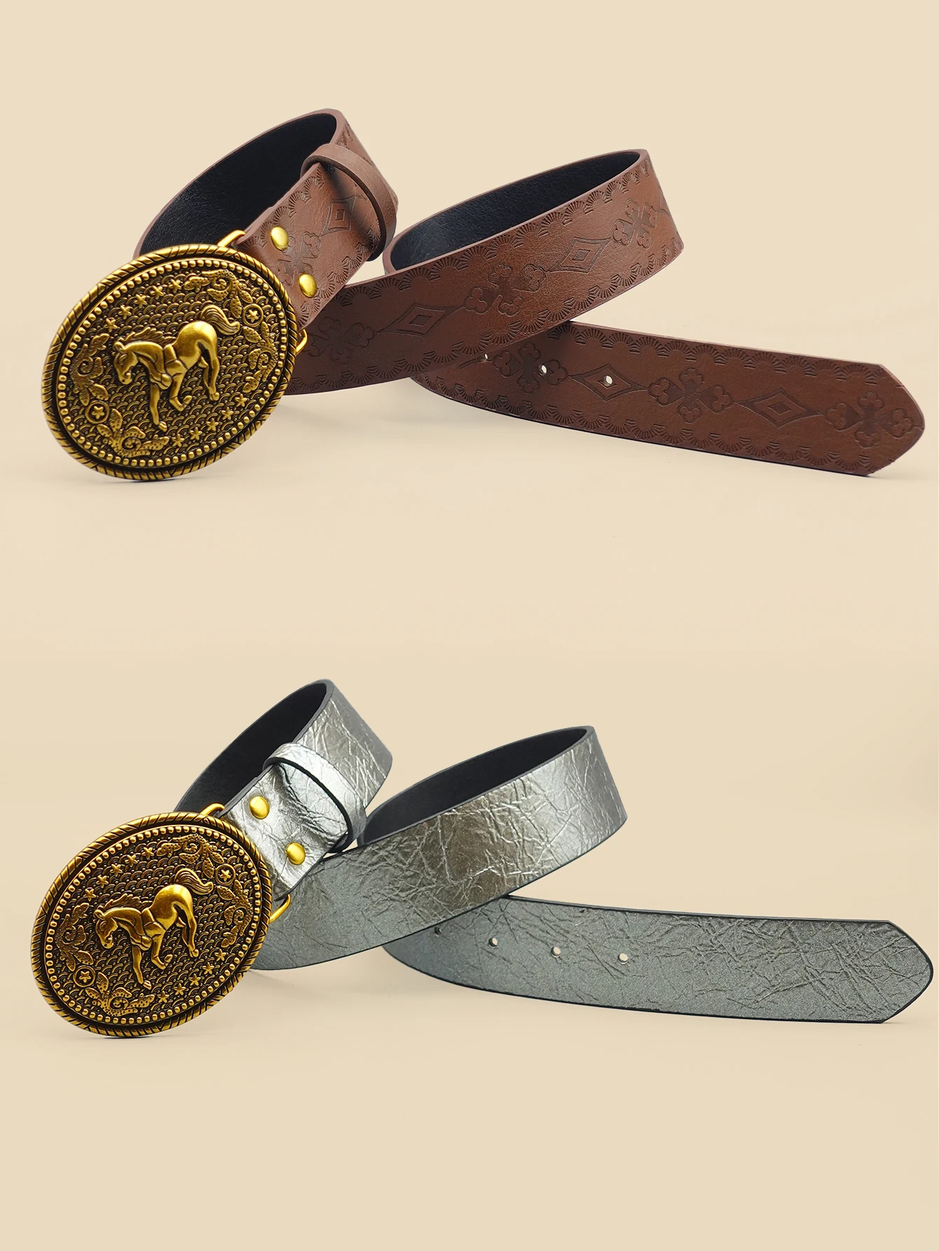 西洋レトロレディースベルト、彫刻馬イメージバックル付き、ジーンズベルト、デイリーカジュアル多用途ベルト