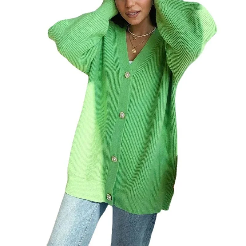 202-nieuwe damesgebreide trui Jaet los casual open vest pure kleur knop voorkant lang Sve Spring Faion