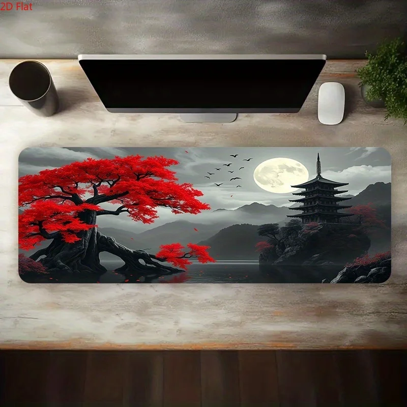 Large-Sized Esports Gaming Mouse Pad Featuring a Red Tree, Moon, Mountain, And Water Oriental Zen-Inspired Landscape Pattern