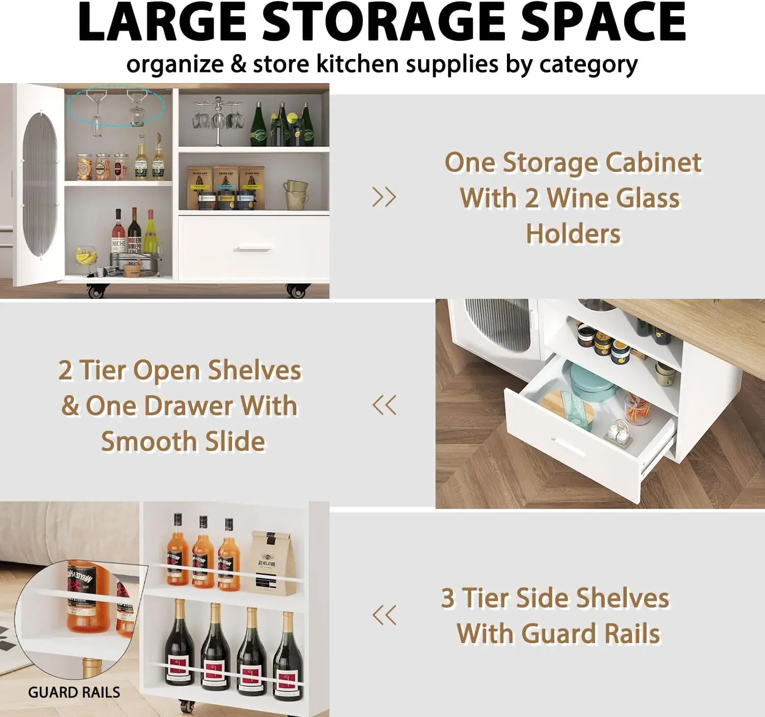 72.4' โต๊ะครัวแบบเคลื่อนที่พร้อมที่เก็บของ ลิ้นชัก และชั้นวาง สีขาว รถเข็นเคลื่อนที่ทันสมัยบนล้อ