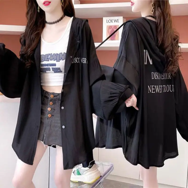 

Summer Women's Clothing Jackets Long Sleeve Blouse Buttons Shirts Thin Sun Protector Streetwear Loose Casual Tops Black White