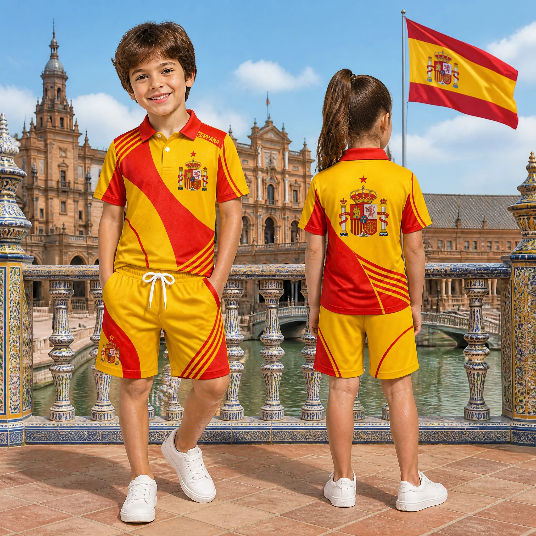 Conjunto de Polo y Pantalones Cortos para Niños, Diseño de España, Traje de Verano a Juego para Niños y Niñas, Rayas Rojas y Amarillas, Estilo Casual para Viajes