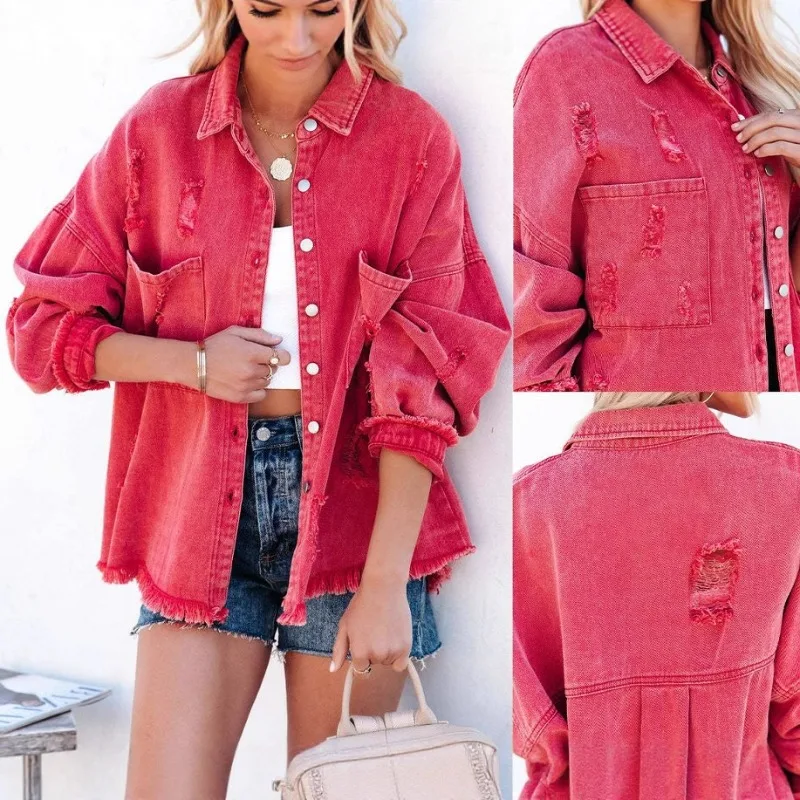 New Cross-border Lapel Long-sleeved Retro Street Denim Jacket with Ripped Edges and Fringes From Europe and America for Women